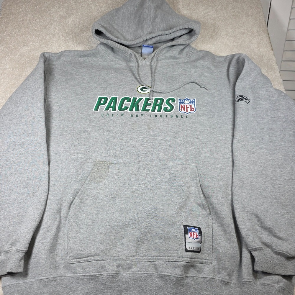 Reebok Hoodie Mens XL Heather Gray Fleece Graphic Green Bay Packers NFL On Field